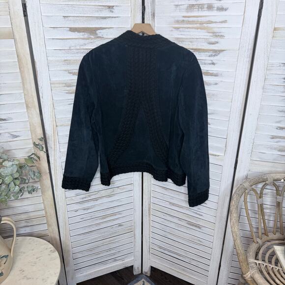 COLDWATER CREEK VINTAGE Women's XL Suede Leather Crochet Knit Trim Jacket Black - Picture 11 of 16